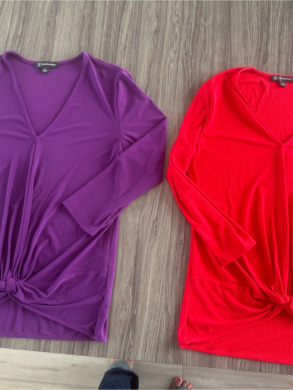 INC International Concepts V-Neck Knot-Front Tunics in Purple and Red
